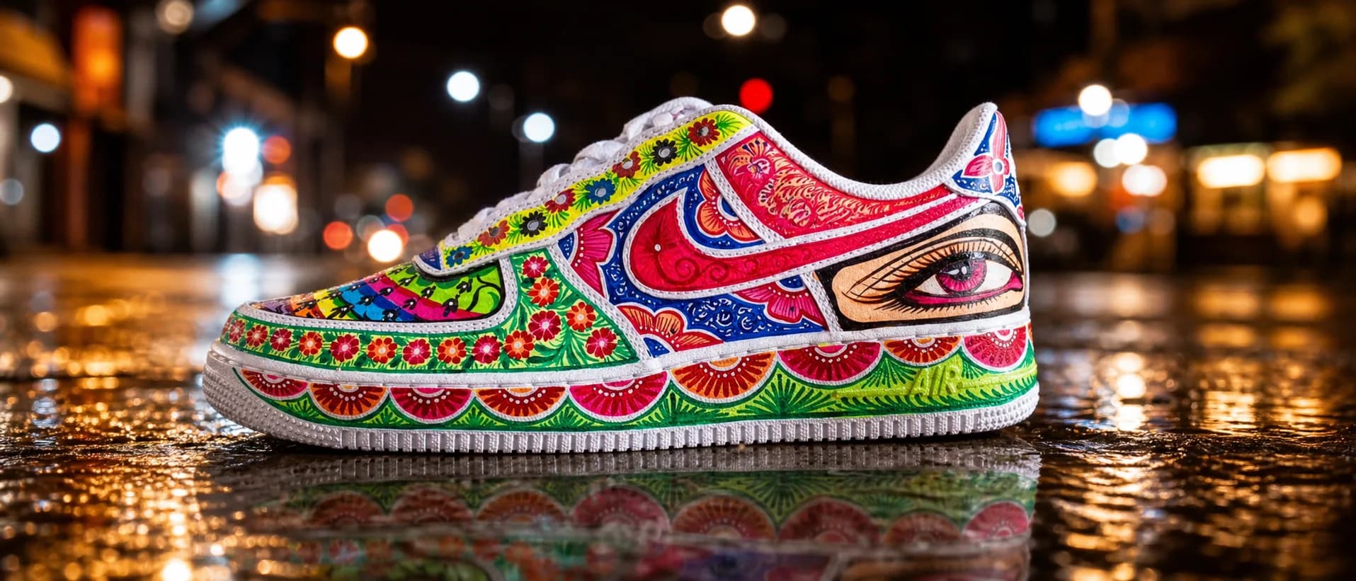 A finished hand-painted pair photographed at night