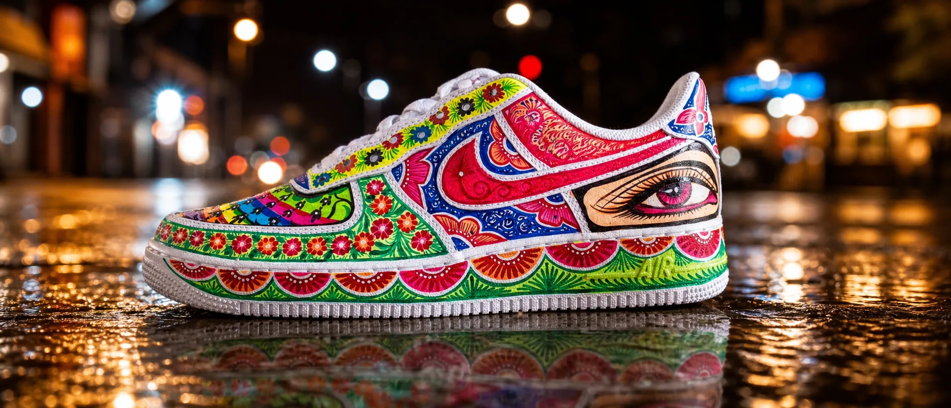 A finished hand-painted pair photographed at night