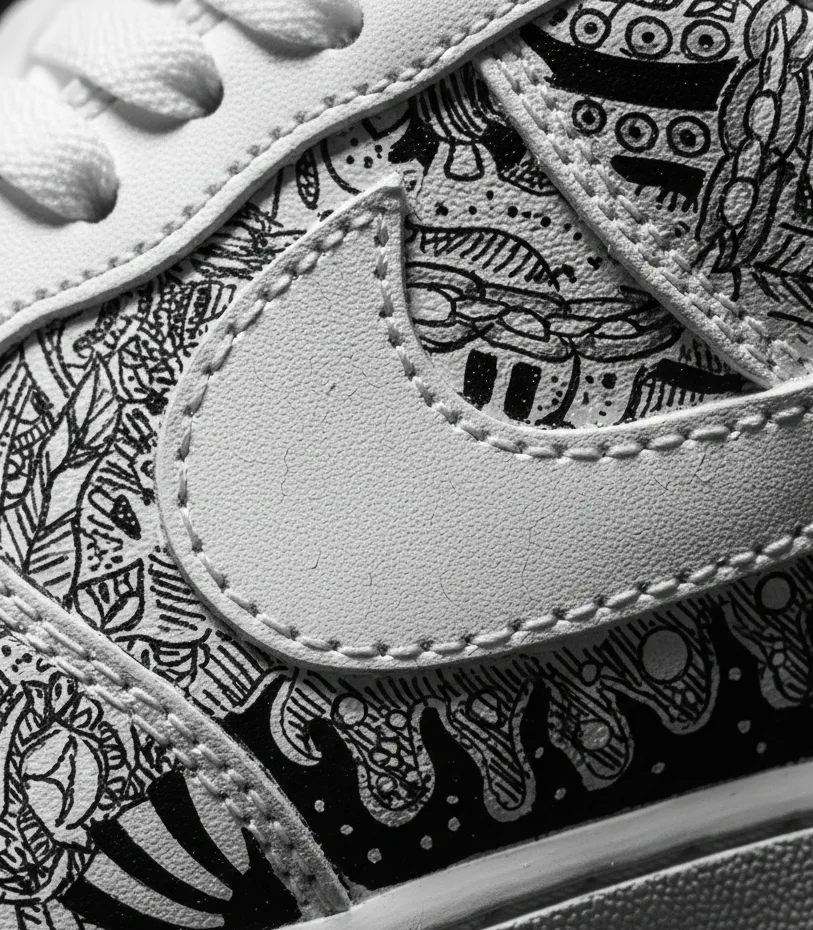 Macro detail of hand-inked linework across the panels of a white leather pair